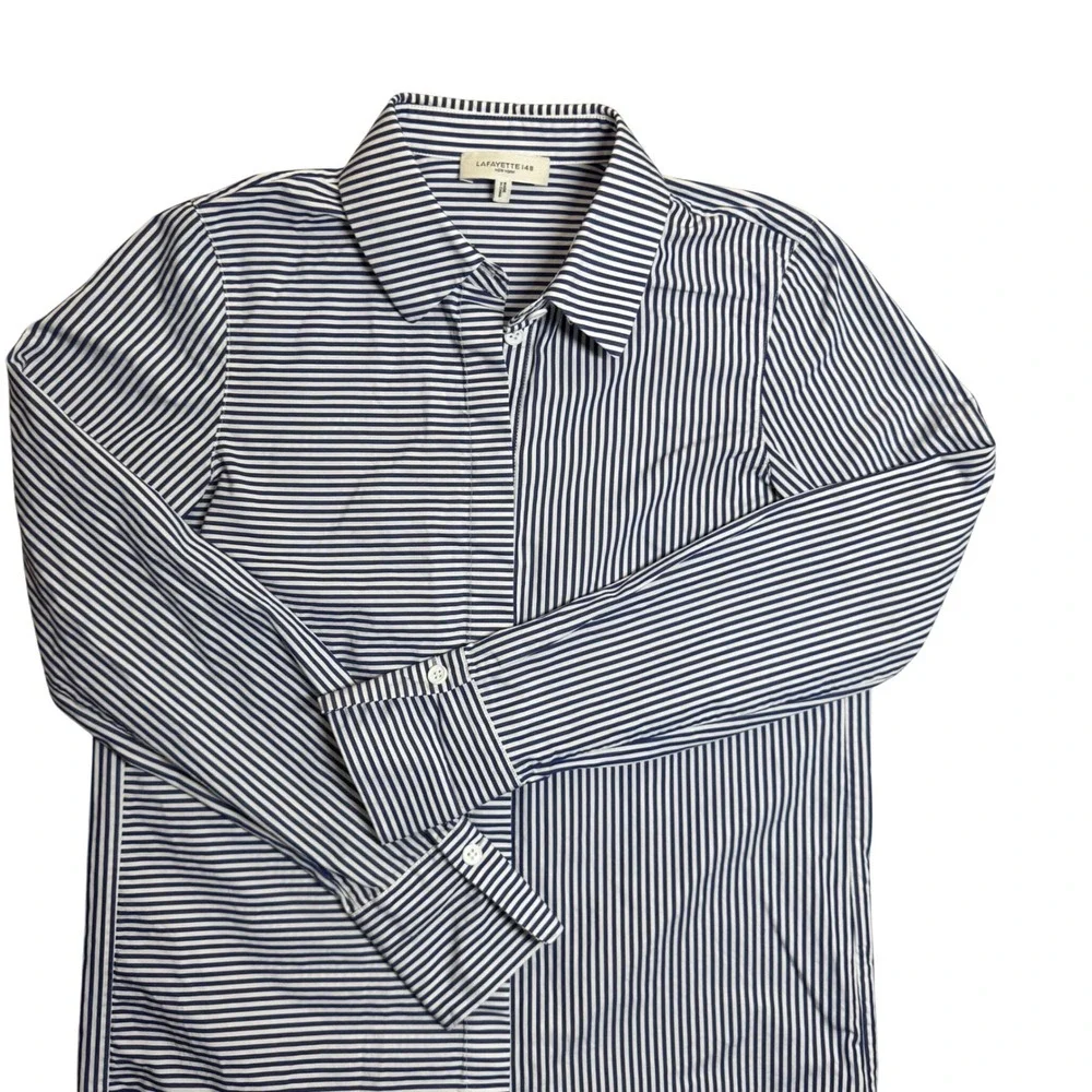 Lafayette 148 Womens‎ Shirt XXS Button Down Long Sleeve Striped Blue Tailored - Picture 6 of 9